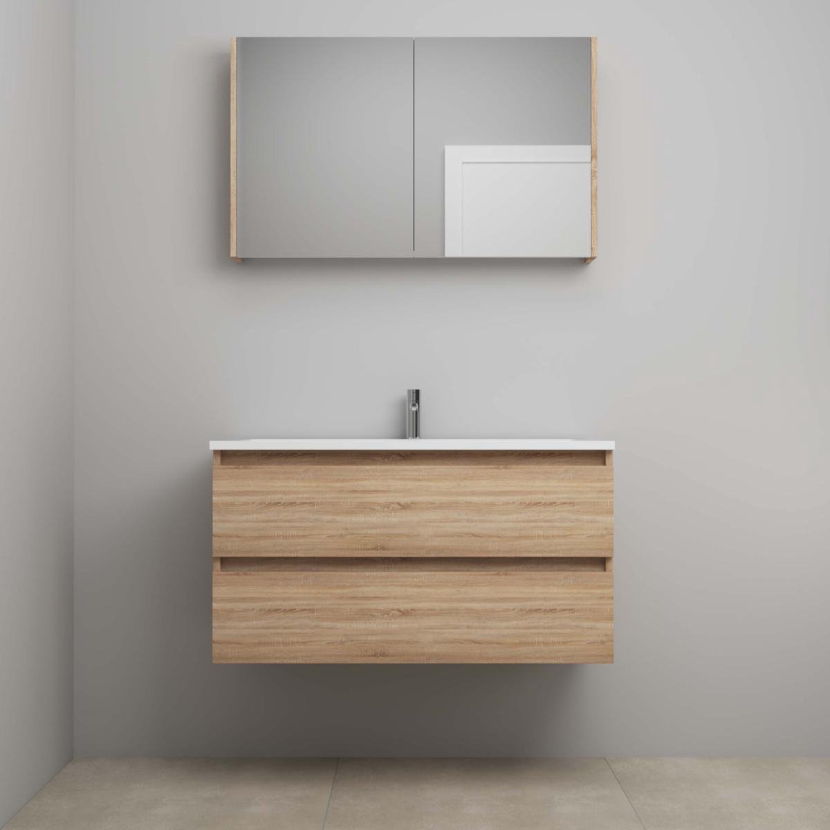 On-Line Badkamermeubelset - 100 cm - Voorgemonteerd - Acryl Wastafel - 1 Kraangat - Spiegelkast - Eiken