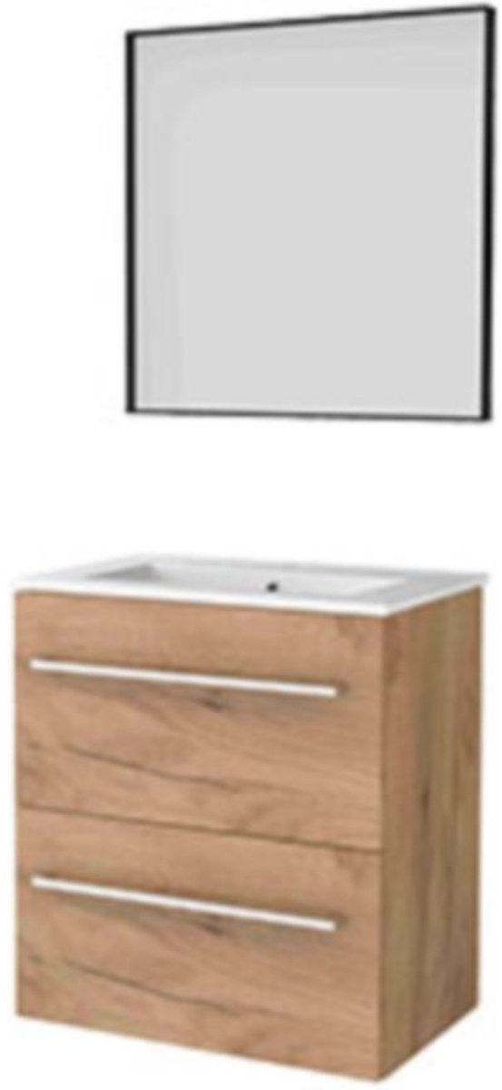 Basic-Line Framed 39 Badkamermeubelset - Ondiep - 60 x 39 cm - Met Grepen - 2 Lades - Keramische Wastafel - 1 Kraangat - Spiegel met Zwart Aluminium Frame - Whisky Oak