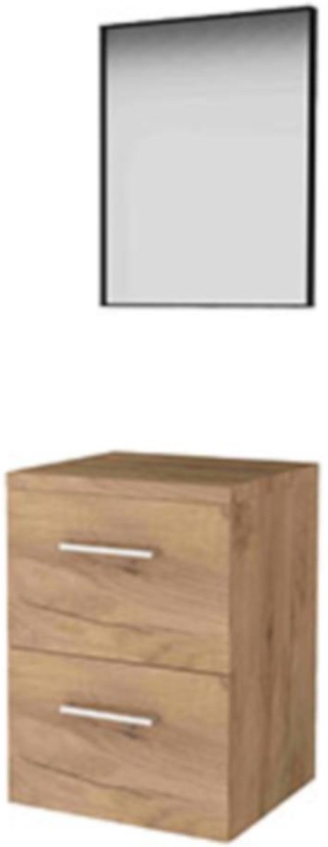 Basic-Line Framed 46 Badkamermeubelset - 50 x 46 cm - Met Grepen - 2 Lades - Wastafelblad - Spiegel met Zwart Aluminium Frame - Whisky Oak