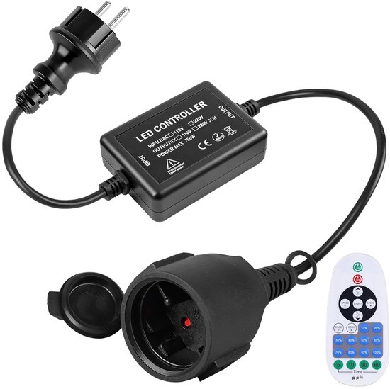 Zwarte LED-controller met afstandsbediening, eurostekker en stopcontact.