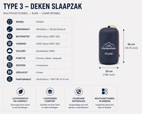 Draagbare Slaapzak Poncho - 3 in 1 Camping Deken en Outdoor Poncho - Lichtgewicht - Waterafstotend - Blauw van Merkloos — afbeelding 5