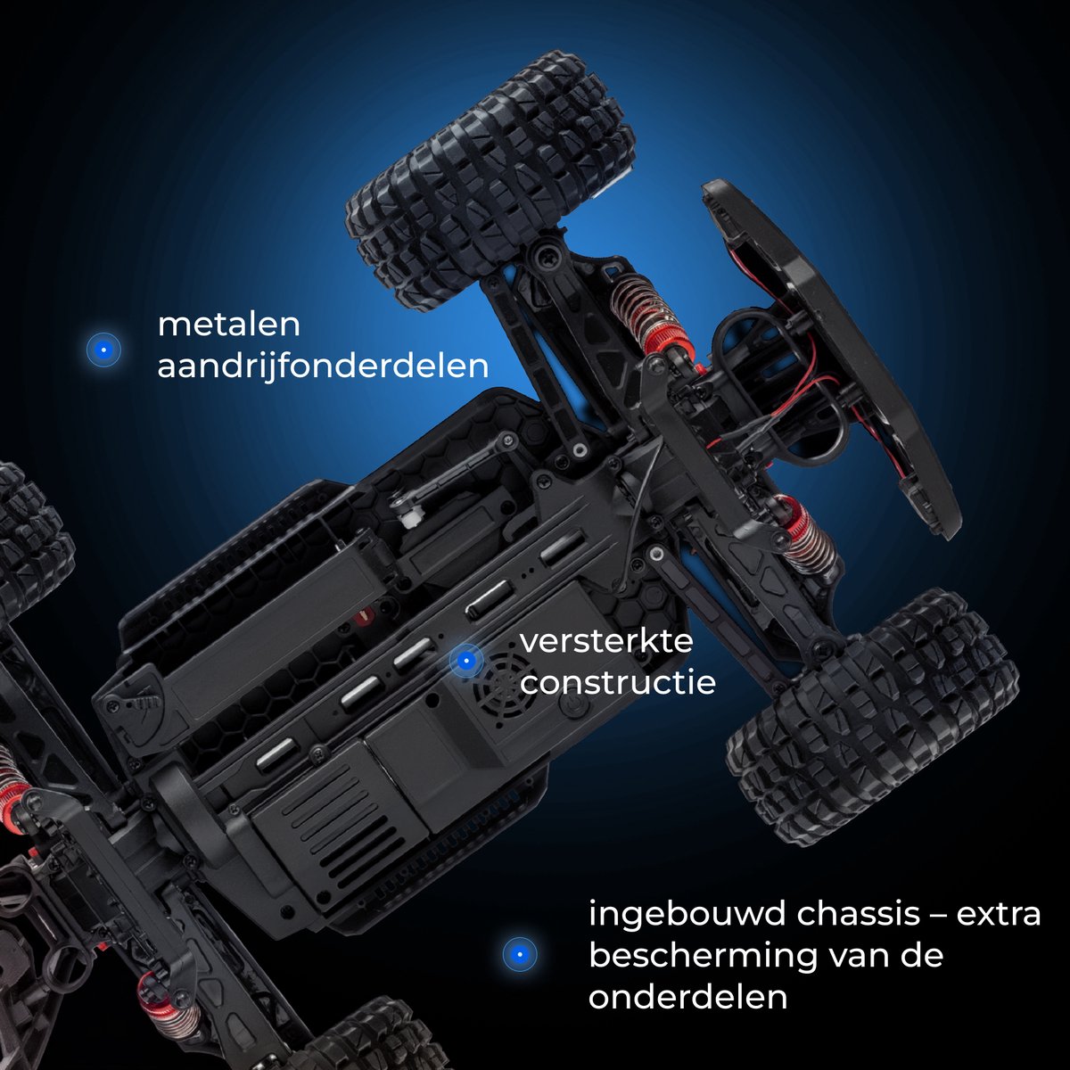 Overmax X-Stable RC auto / RC car – 35 km/h – 4x4 Monster Truck – 1:10 – metalen aandrijving – olie-schokdempers – dubbele LED verlichting – 2 accu’s (tot 40 min rijtijd) – instelbare besturing – actieve rem – offroad terrein model - Bestuurbare Auto — afbeelding 7