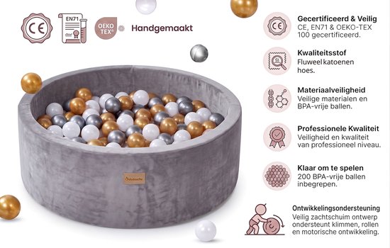 Ballenbak Baby Velvet Taupe Grijs - Speelgoed 1 jaar, 2 jaar, 3 jaar - Speelset Playground Ballenbad Superzacht - Ballenbakken - Kidsdouche -BPA vrije ballen 200 stuks Ø 7 cm - Goud, Zilver, Parelmoer van Merkloos — afbeelding 4