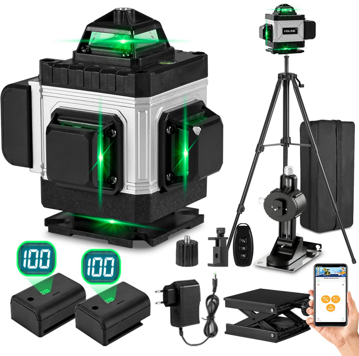 HGLINE 4D Kruislijnlaser 16 Lijnen – Professionele Zelfnivellerende Laser Waterpas met App & Afstandsbediening – 360° Horizontaal en Verticaal