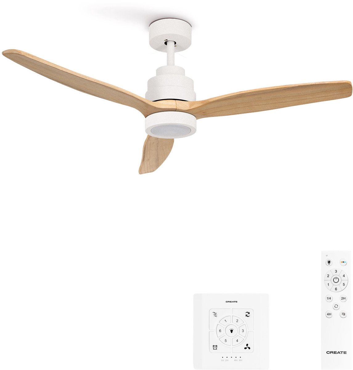 CREATE - Plafondventilator 40W silent 100% hout - Wit / Licht hout - Ø112cm - Met licht - Controller voor wandmontage + afstandsbediening - WIND STYLANCE NATURAL WOOD