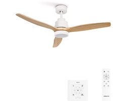 CREATE - Plafondventilator 40W silent 100% hout - Wit / Licht hout - Ø112cm - Met licht - Controller voor wandmontage + afstandsbediening - WIND STYLANCE NATURAL WOOD