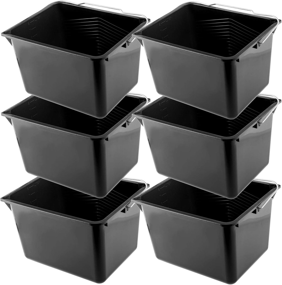 Verfemmer vierkant met metalen handvat - 8 liter - 6 stuks - zwart - Kunststof schilderemmer met afvoerrand voor verven en opbergen