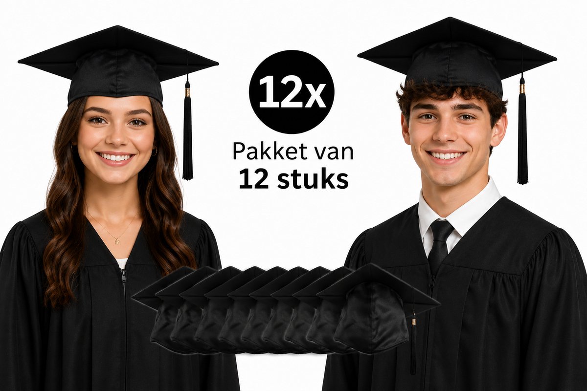 Premium Afstudeerhoedjes Set van 12 – Zwart Graduation Cap met Kwastje – Voor Diploma & Geslaagd Feest