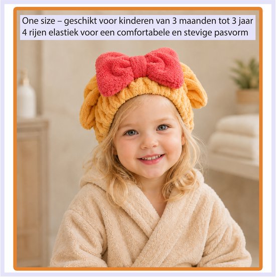 Set van 2 Sneldrogende Haarmutsen voor Kinderen - Microvezel Handdoekmuts met Grote Strik - 3 Maanden tot 3 Jaar — afbeelding 3