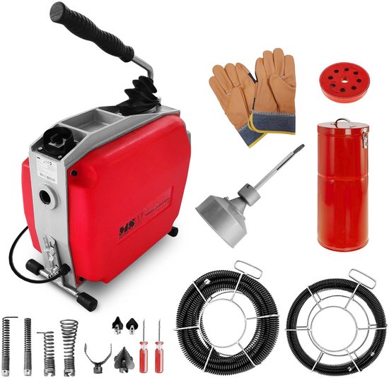 Rode pijpreinigingsmachine met toebehoren: handschoenen, dompelpomp, dop en spoelen.