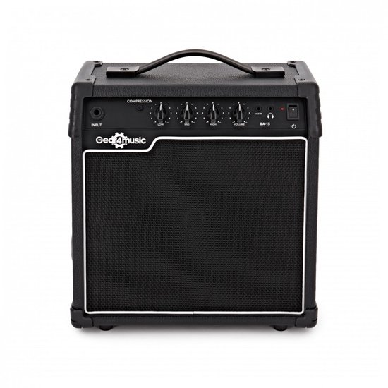 Zwarte Gear4music BA-15 basgitaarversterker met een handvat en knoppen.