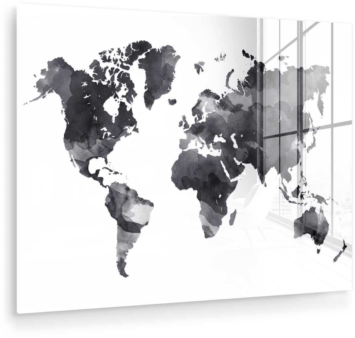 ® Glasschilderij 160x120 cm - Schilderij acrylglas - Wereldkaart - Waterverf - Zwart - Wit - Foto op glas - Muurdecoratie woonkamer - Wanddecoratie slaapkamer - Schilderijen