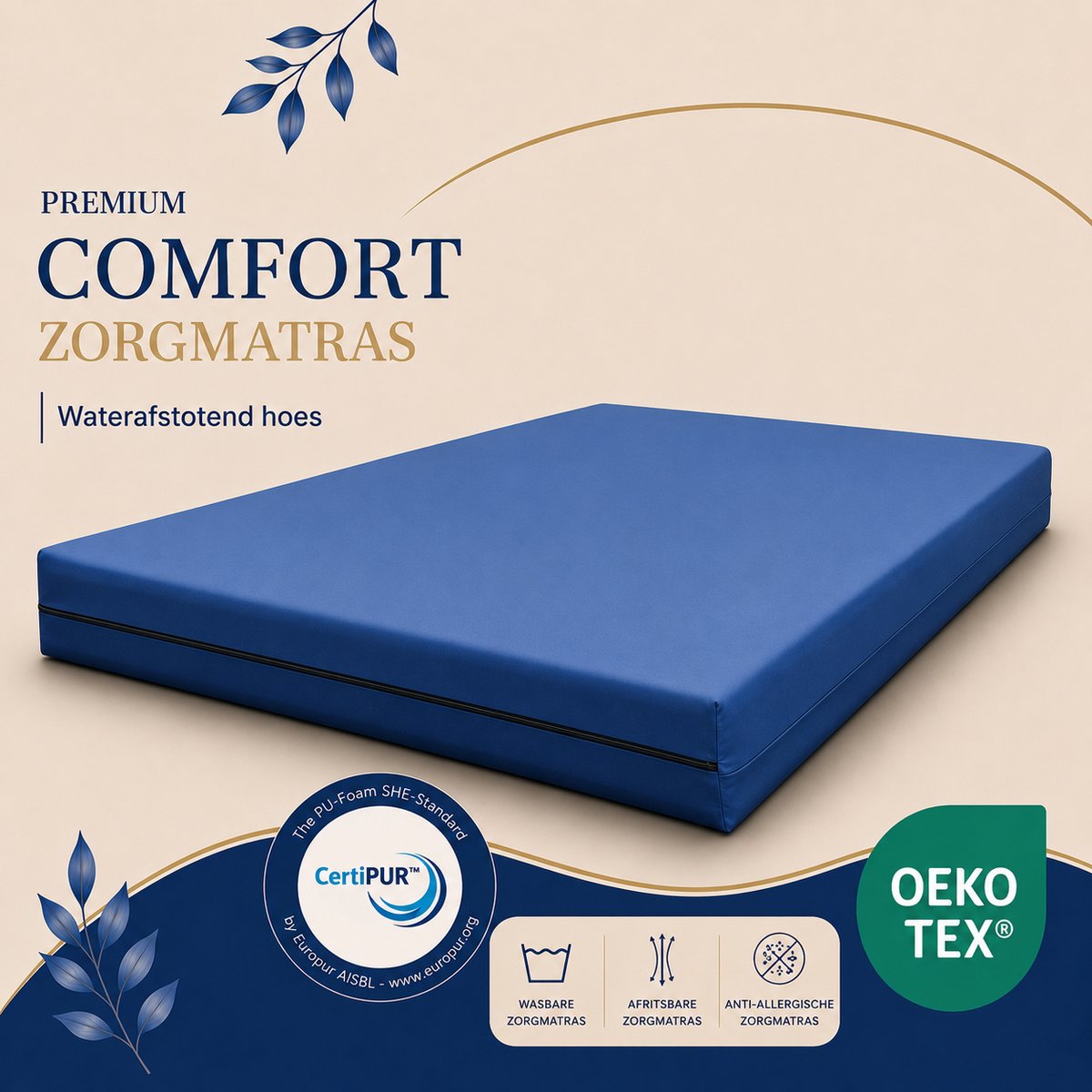 Easy Bedden Zorgmatras Matras - Incontinentie - Waterdicht - Medium Koudschuim HR45 - 140x200 - circa 14 cm - Anti Bacterieel - CertiPUR® en Oekotex gecertificeerd - 100 % Veilig Blauw