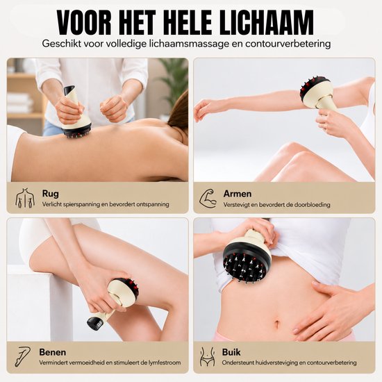 Collage van het gebruik van het massageapparaat op rug, armen, benen en buik.