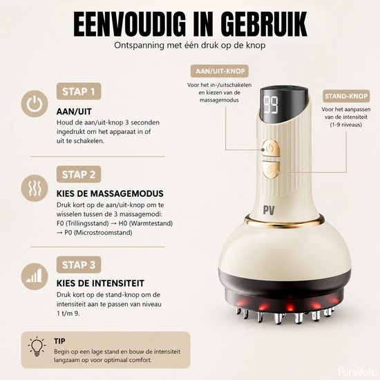 Crèmekleurig massageapparaat met gouden knoppen en display '99'. Uitleg over aan/uit, modus en intensiteit.