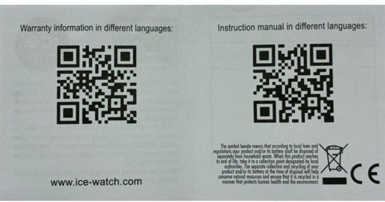 QR codes voor garantie en instructies, www.ice-watch.com.