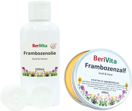 Berivita Frambozenolie huid & haren 100ml fles met twee doppen, naast een Berivita Frambozenzalf 100ml blik.