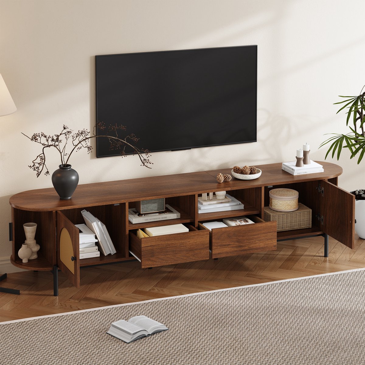 Ovale tv-meubel met rotan en lade - multifunctionele woonkameropbergkast - walnootkleur
