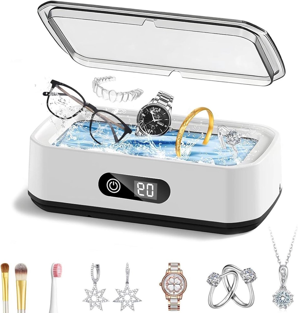 Ultrasoon reiniger - Sieraden reiniger - Dagelijkse voorwerpen reinigen - 5 Timerstanden - 650 ml tank - Zilver