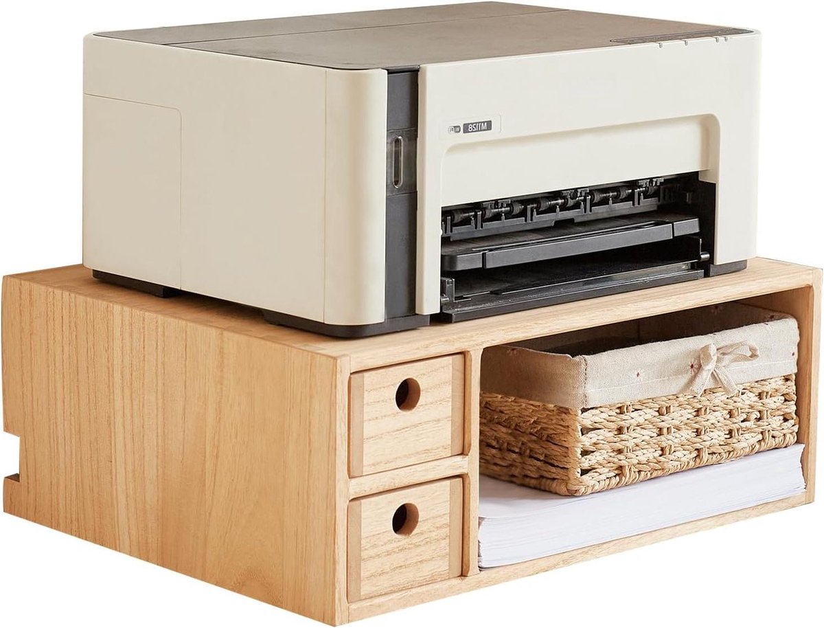 Printer Organizer Hout - Bureau Opslag - Werkplek Organiseren - Met 2 Laden - 43 x 33 x 16 cm