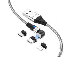 Magnetische Oplaadkabel - 3-in-1 Kabel - Apparaten Opladen - 540 Graden Rotatie - 3A Snel Laden - Zilver