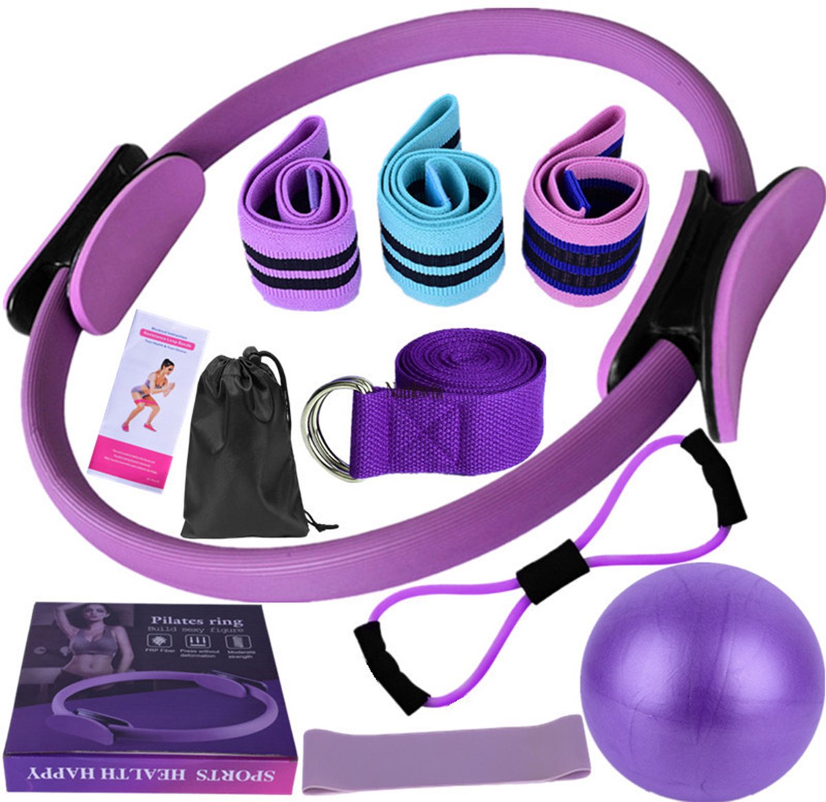 11-Delige Yoga en Fitness Set met Weerstandsbanden – Glute Bands, Pilates Ring, Yoga Bal & Stretchband – Complete Workout Set – Paars