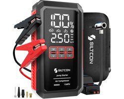 Siltcon® 12V 5-in-1 Jumpstarter voor Auto met Compressor - 4000A / 24.000 mAh Powerbank - Startkabels - 22.5W Snellader USB C - Bandenpomp Tot 10.8 Bar 35l/min - LED Zaklamp - SOS Noodlicht - Noodpakket - Alle Voertuigen - Booster - Incl. Opberghoes