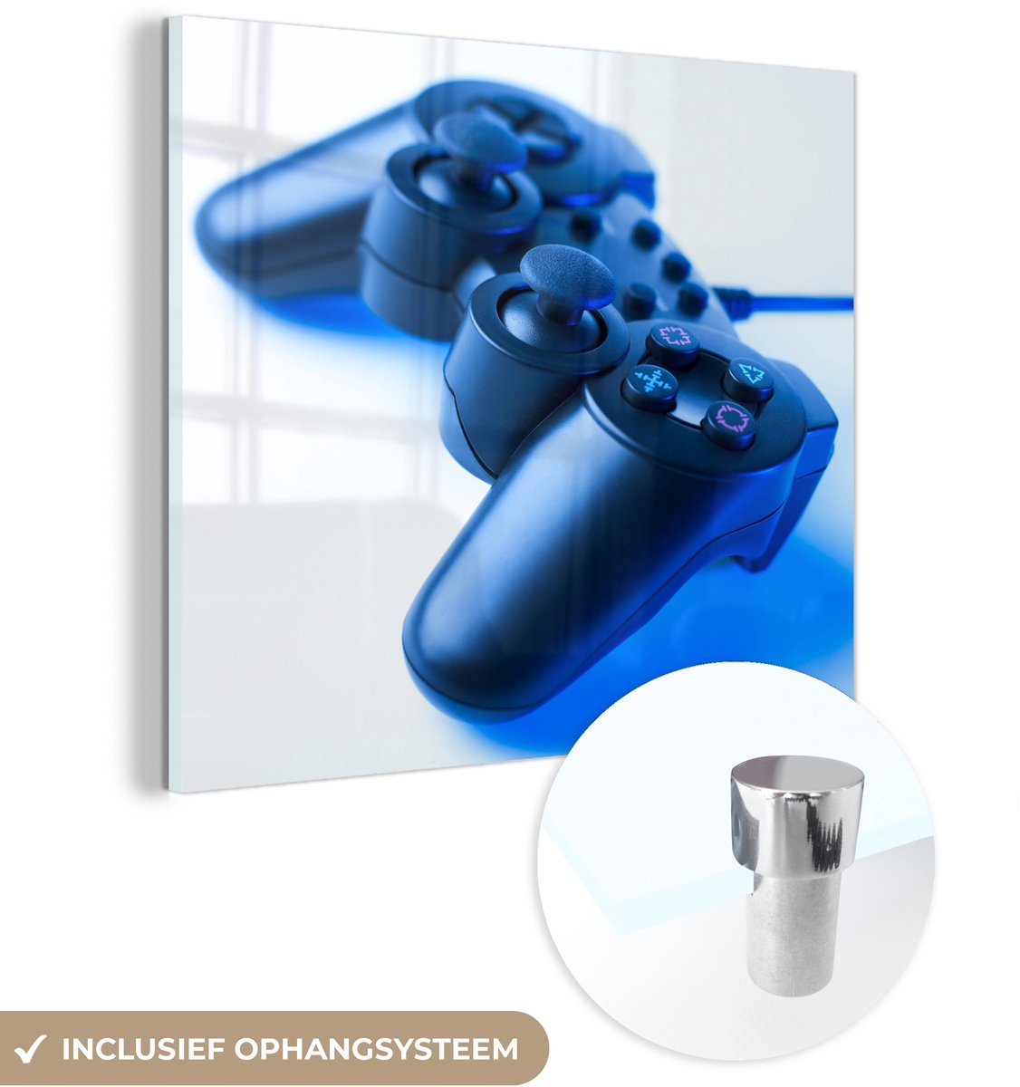 ® Glasschilderij 50x50 cm - Schilderij acrylglas - Gamen - Controller - Blauw - Foto op glas - Muurdecoratie woonkamer - Wanddecoratie slaapkamer - Schilderijen