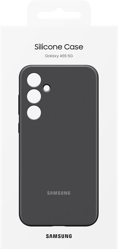 Zwarte Samsung silicone case voor Galaxy A55 5G in verpakking.