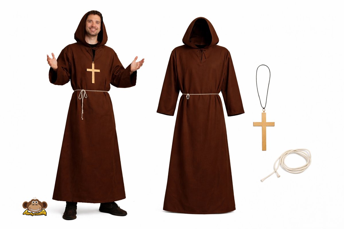 Partychimp 3-Delig Monnik Tuniek/Touw & Kruis kostuum volwassenen Verkleedkleren Heren Carnavalskleding Halloween - bruin- Polyester - Maat XL/2XL