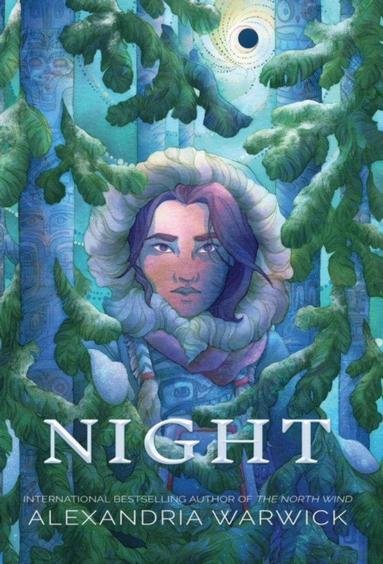Boek kaft met een vrouw in een winterjas, omringd door bomen. Titel: Night.