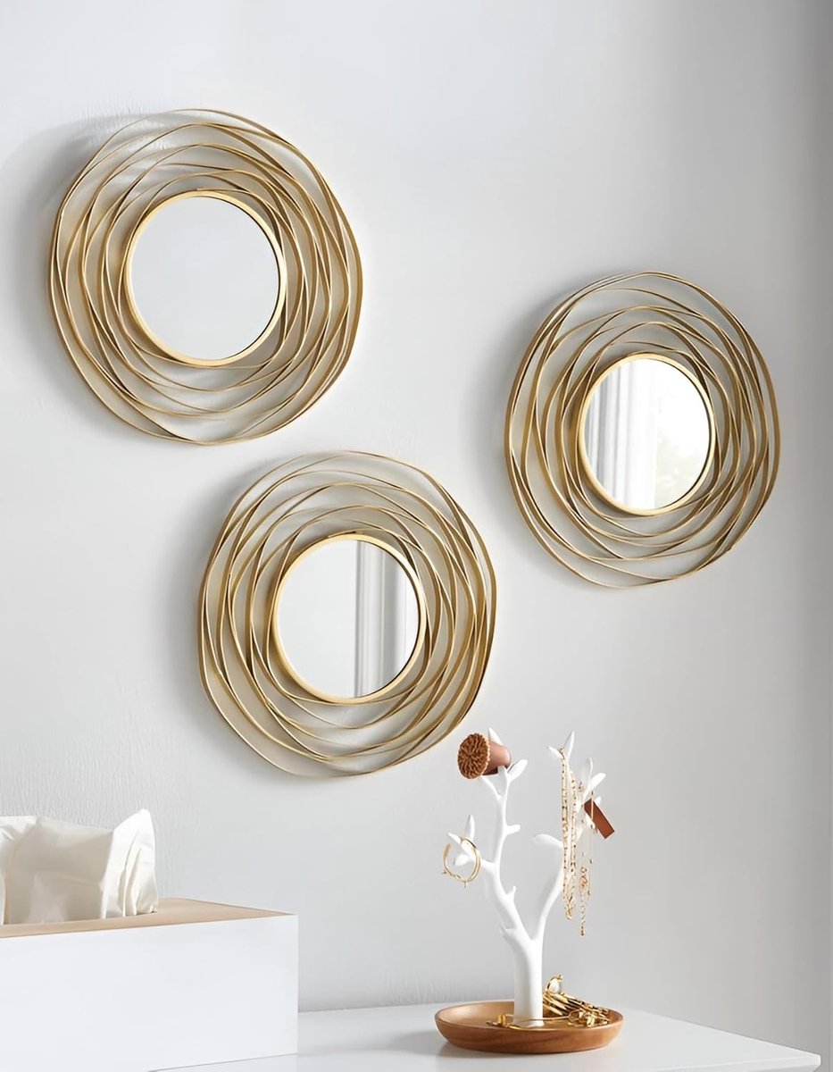 Gouden Spiegel Set - Wanddecoratie Metaal - Muur Verfraaien - 3 Delige Set - Ø 24 cm - Goud