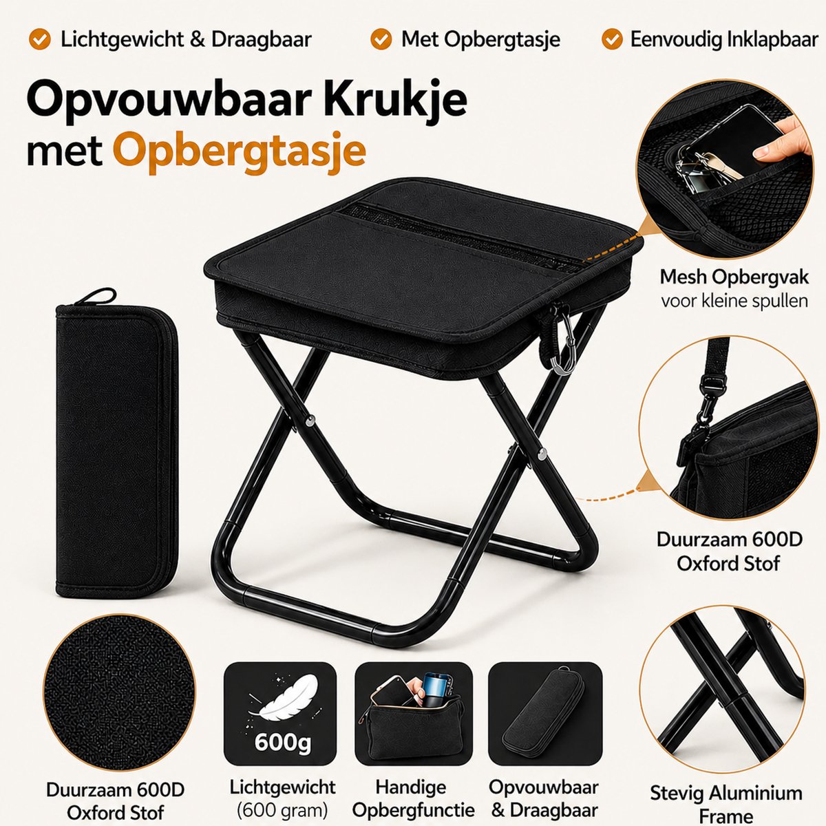 Heuts Goods - Mini Campingstoel - Vouwstoel - Campingstoel Opvouwbaar - Strandstoel - Kampeerstoel - Makkelijk Draagbaar - Inklapbaar - Lichtgewicht - Zwart — cadeau in Sport & Outdoor - foto 6