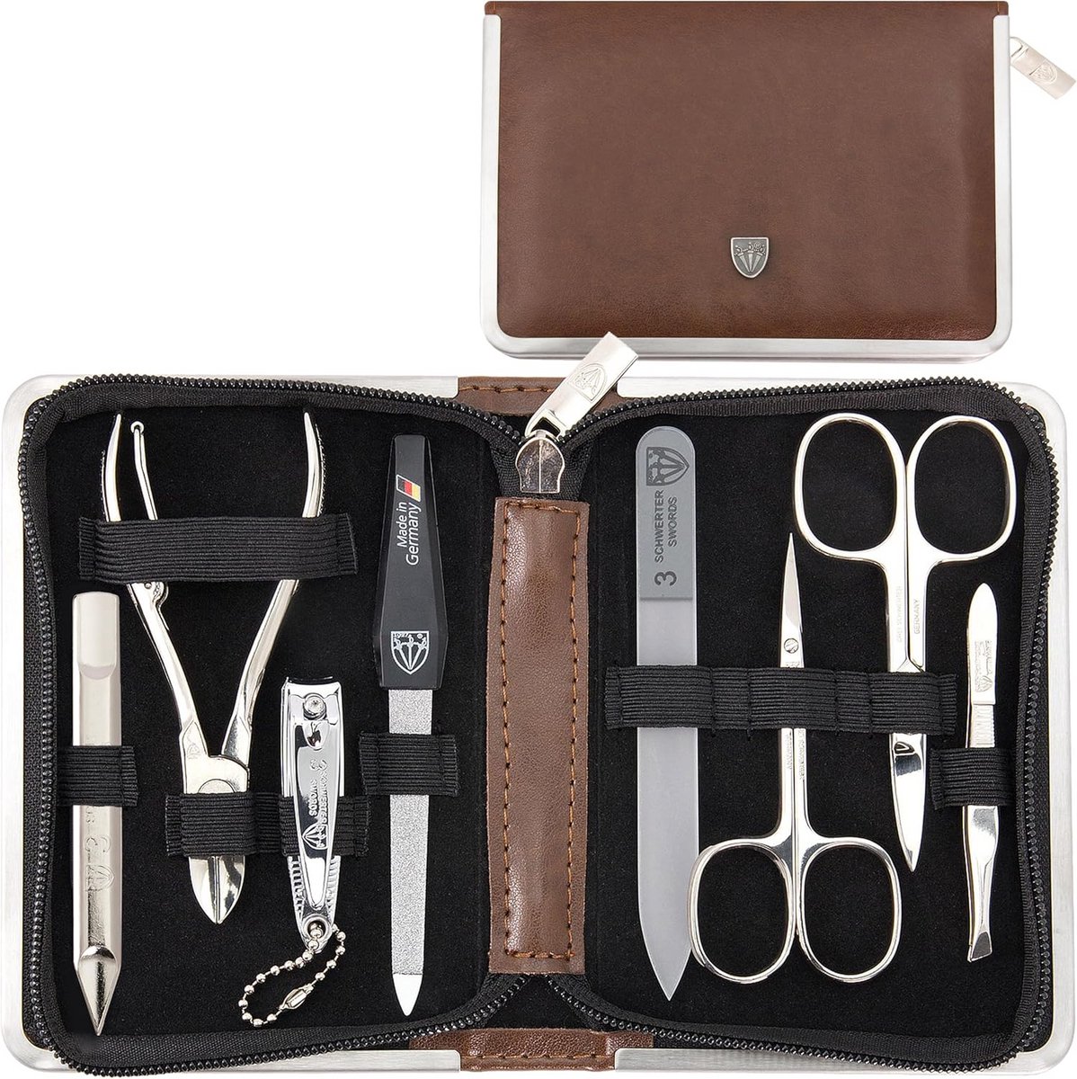 8-Delige Manicureset voor Hand- en Voetverzorging in Bruin Kunstleer Etui