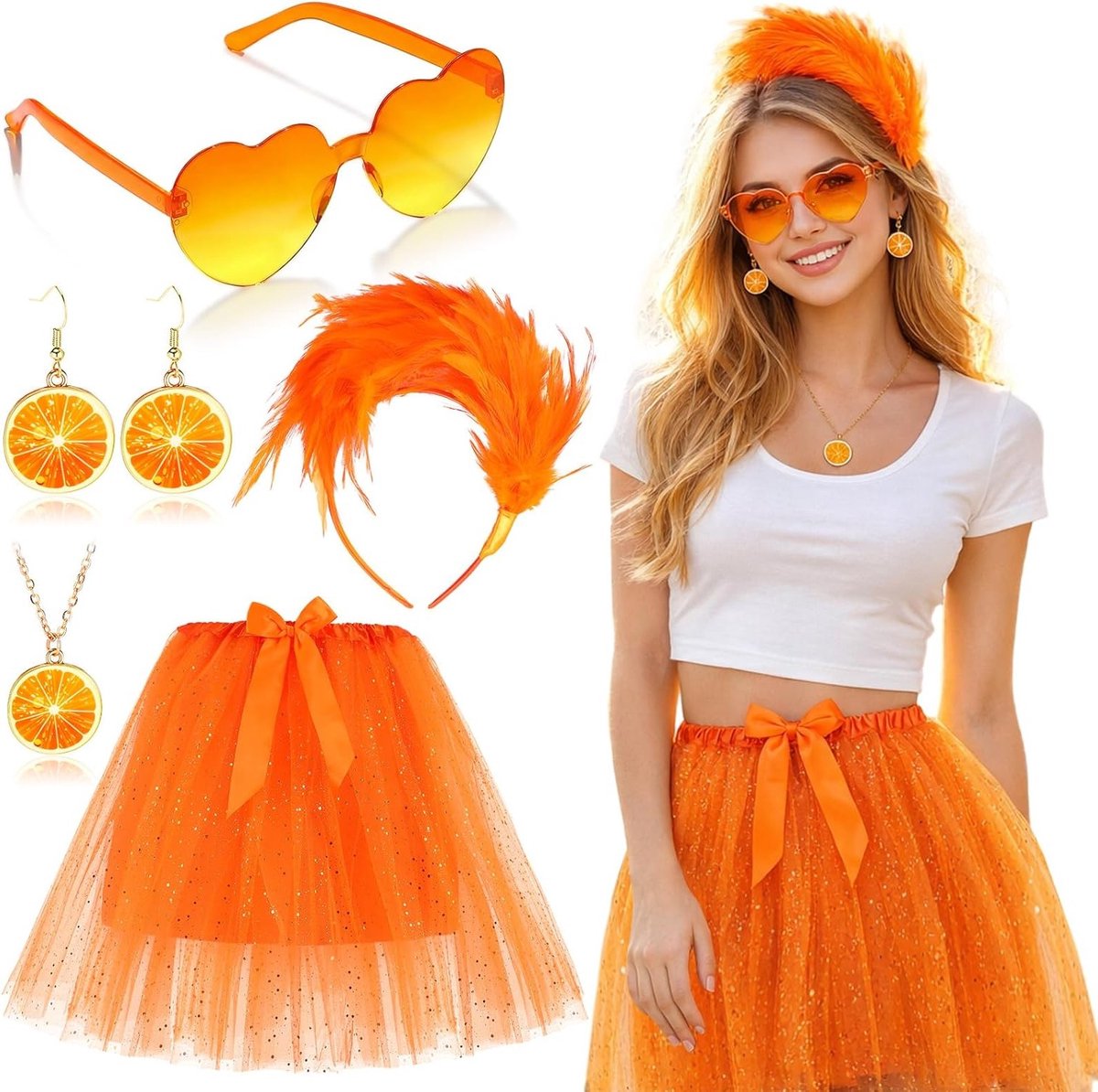 Oranje Tutu Rok Kostuumset voor Dames met Veren Hoofdband, Ketting, Oorbellen en Zonnebril voor Carnaval en Feestelijke Cosplay