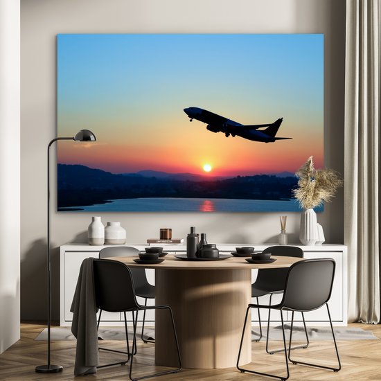 Aluminium schilderij 150x100 cm - Wanddecoratie metaal - Stijgend vliegtuig met een heldere lucht - Metalen muurdecoratie woonkamer - Decoratie industrieel - Foto op dibond - Industriële accessoires slaapkamer