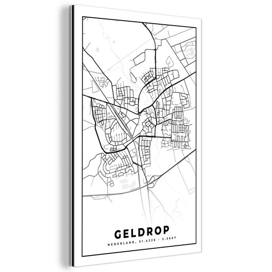 Geldrop kaartprint, Nederland. Zwart-wit, minimalistisch, aluminium schilderij, op de muur.