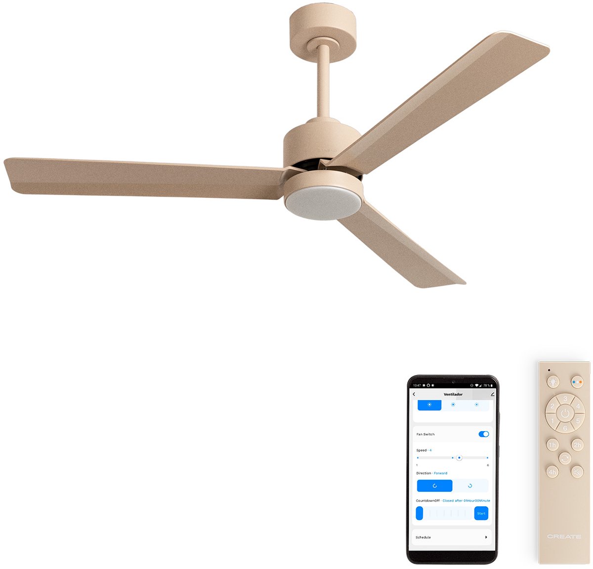CREATE - Stille plafondventilator 40W met licht - Zand - Ø132cm - WIFI + Afstandsbediening - WIND MODERN