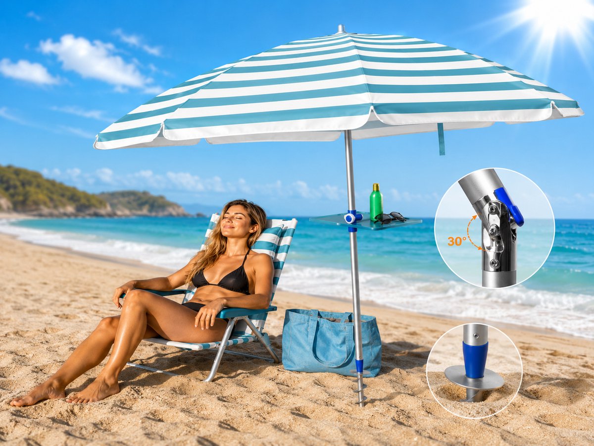 Pincho - LUXE ALUMINIUM STRANDPARASOL 200 cm - TURQUOISE - Lange ZANDBOOR (Grondboor) - 16 BALEINEN (ipv 8) -UV Bescherming 99% UPF 50+ - Kantelbaar & Verstelbaar - Draagtas - Windvaan - Strandparasol - Tuinparasol - Stokparasol
