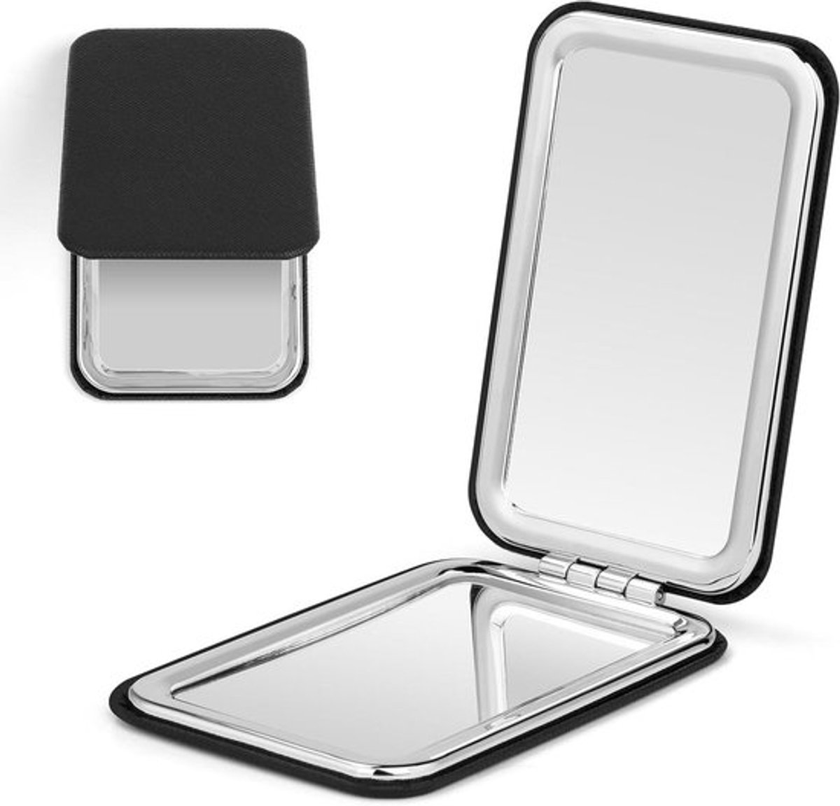 Compacte Pocket Make-up Spiegel met Vergroting voor Handtas - Zwart Leder