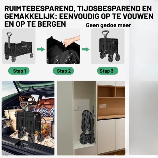 Bolderkar Opvouwbaar met Rem - Premium Comfort & Grote Capaciteit - bolderwagen Lichtgewicht & Inklapbaar - 220 L Inhoud Met Staal Frame Tot 15kg - Inclusief Bekerhouders van Merkloos — afbeelding 2