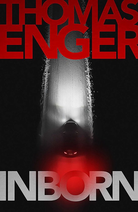 Couverture de livre avec le titre 'INBORN' en lettres rouges. Un phare brille sur un fond sombre et maculé avec une lueur rouge.