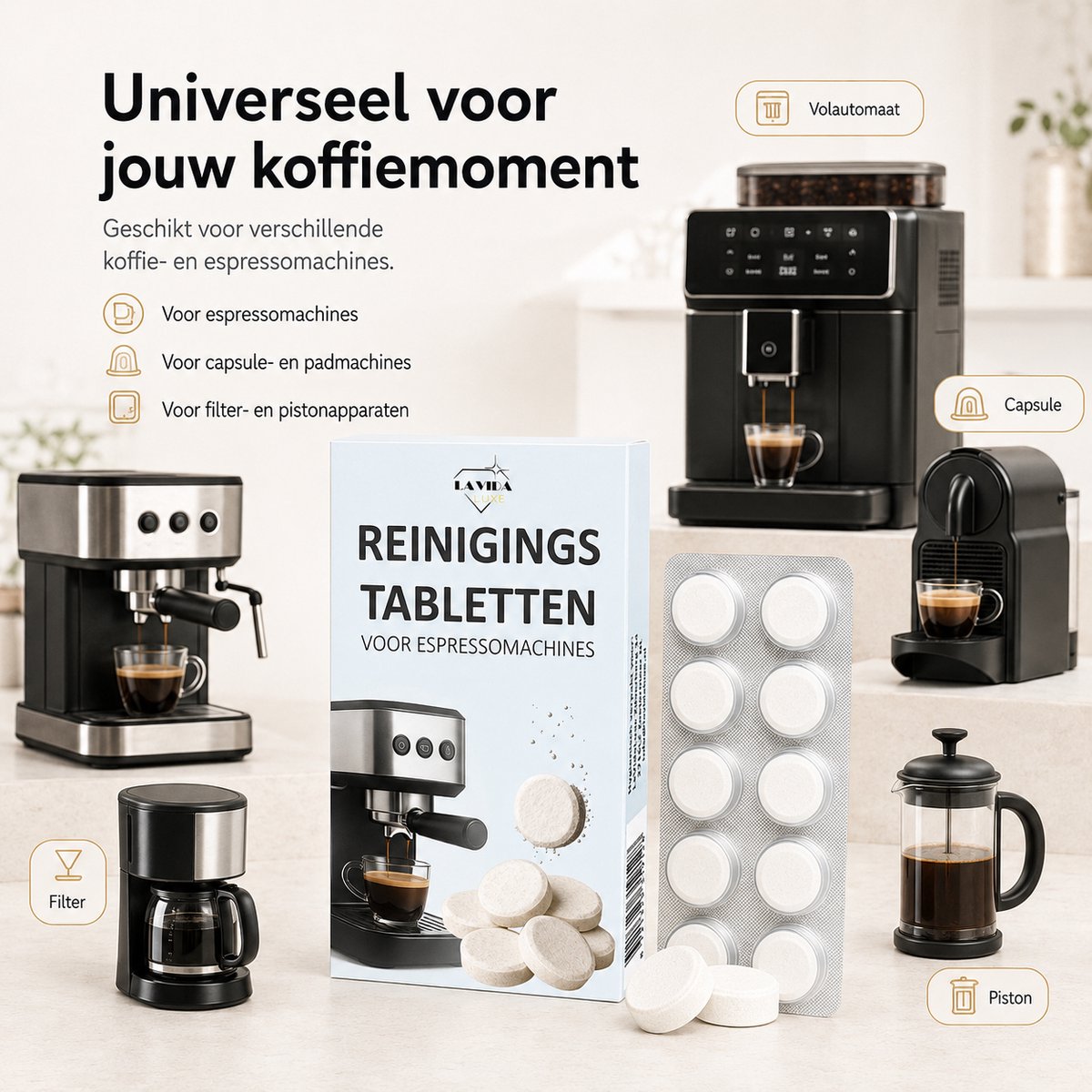 La Vida Luxe Reinigingstabletten Koffiemachine – 20 Stuks – Universele Koffiemachine Reiniger – Onderhoudstabletten voor Espresso- en Koffiezetapparaten — afbeelding 4