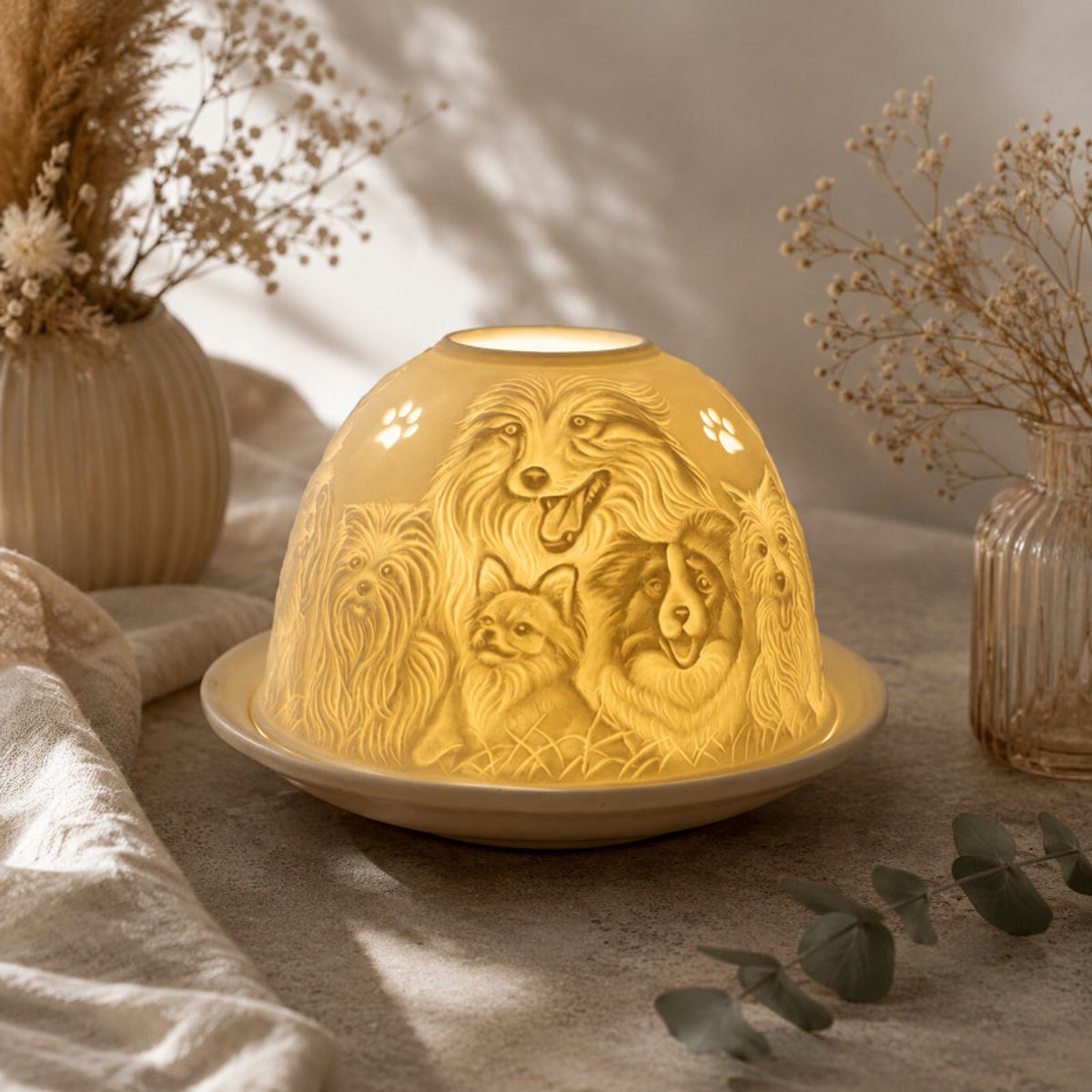 Candle Wisdom – Porseleinen waxinelichthouder – Dogs – Porseleinen theelichthouder – Porseleinen koepel – Sfeerlicht - Cadeau – Geschenk – Valentijn – Moederdag – Verjaardag – Kerst