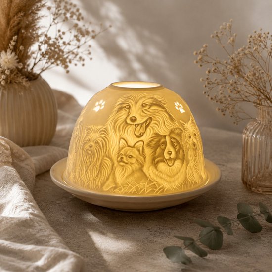 Candle Wisdom – Porseleinen waxinelichthouder – Dogs – Porseleinen theelichthouder – Porseleinen koepel – Sfeerlicht - Cadeau – Geschenk – Valentijn – Moederdag – Verjaardag – Kerst