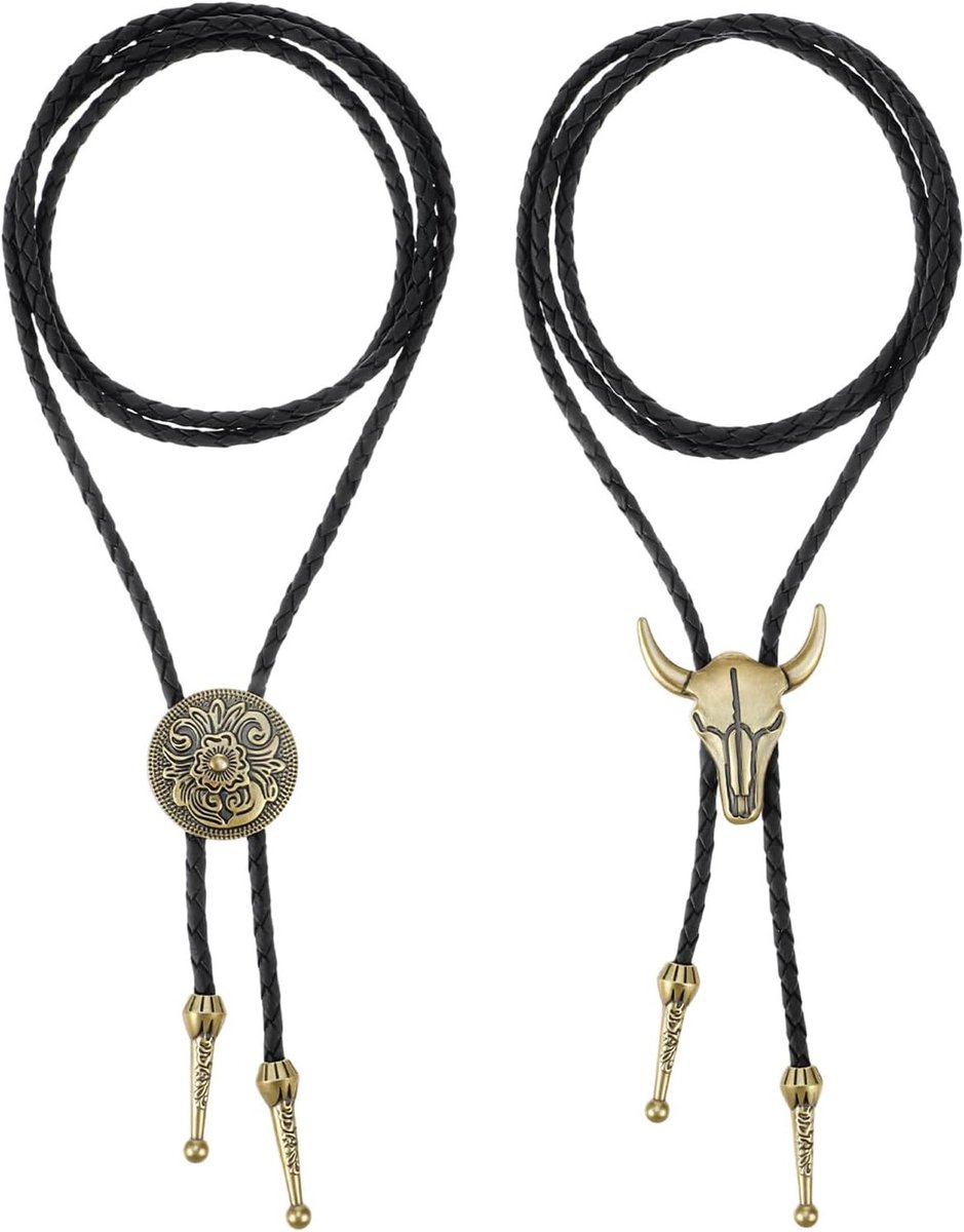 Set van 2 Bolo Ties voor Mannen - 50 cm Lange Western Cowboy Neckties met Zwarte Lariat en Rodeo Hanger voor Cowboy Kostuums, Western Outfits en Accessoires voor Feestjes