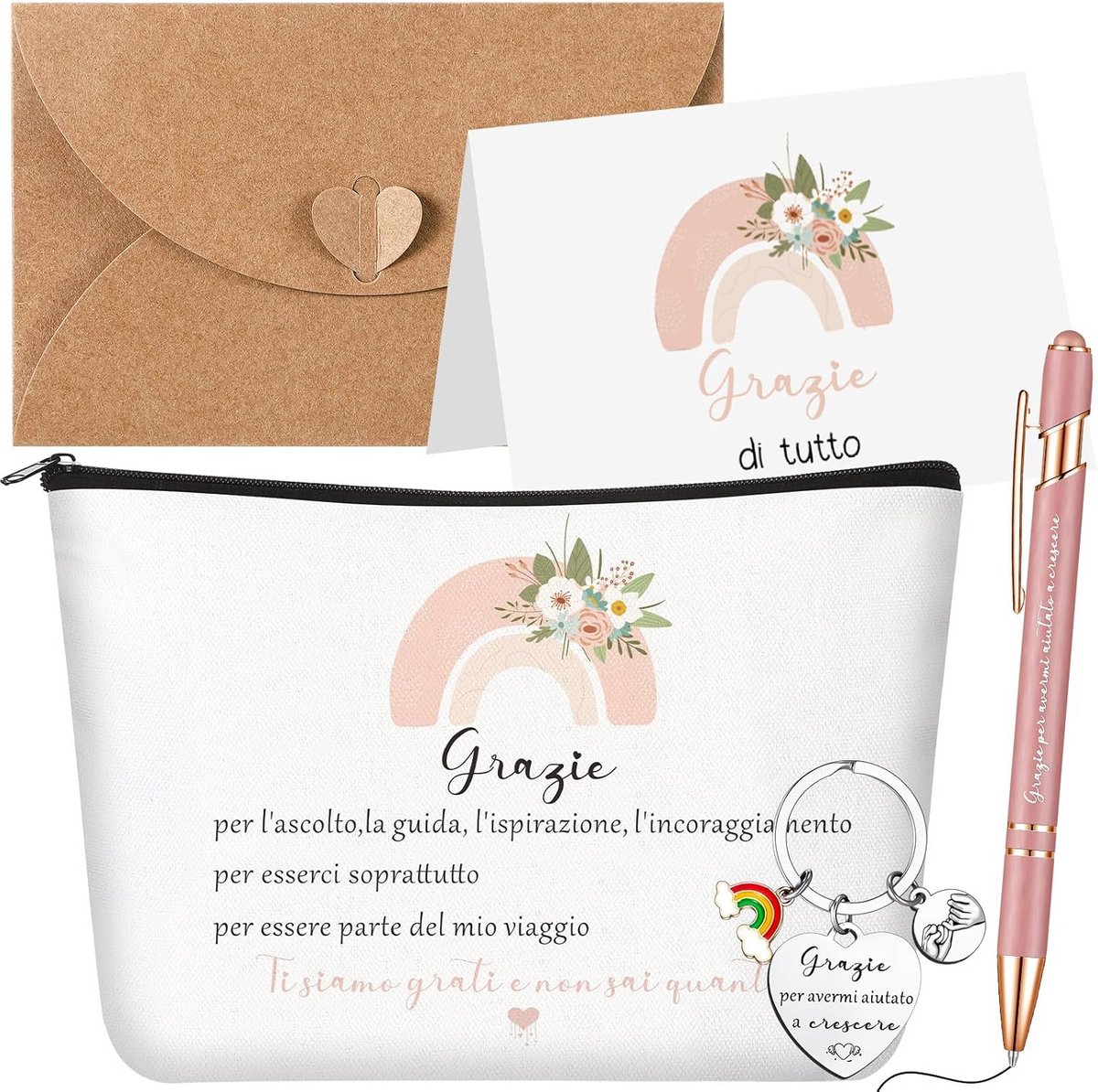 Cadeauset voor Leraren: Make-up Tas, Sleutelhanger, Pen en Bedankkaart