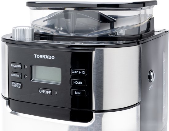 Tornado TCM-1025A-GS CAFETIÈRE À FILTRE MANUELLE AVEC BROYEUR CONIQUE, 1,5 L, 12 TASSES, 900-1050 W, ACIER INOXYDABLE, NOIR