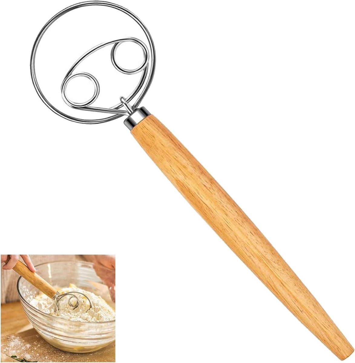 Deense deegbezem - Handmixer keuken - Deeg mengen - Dubbele oog ontwerp - 35 cm - Zilver