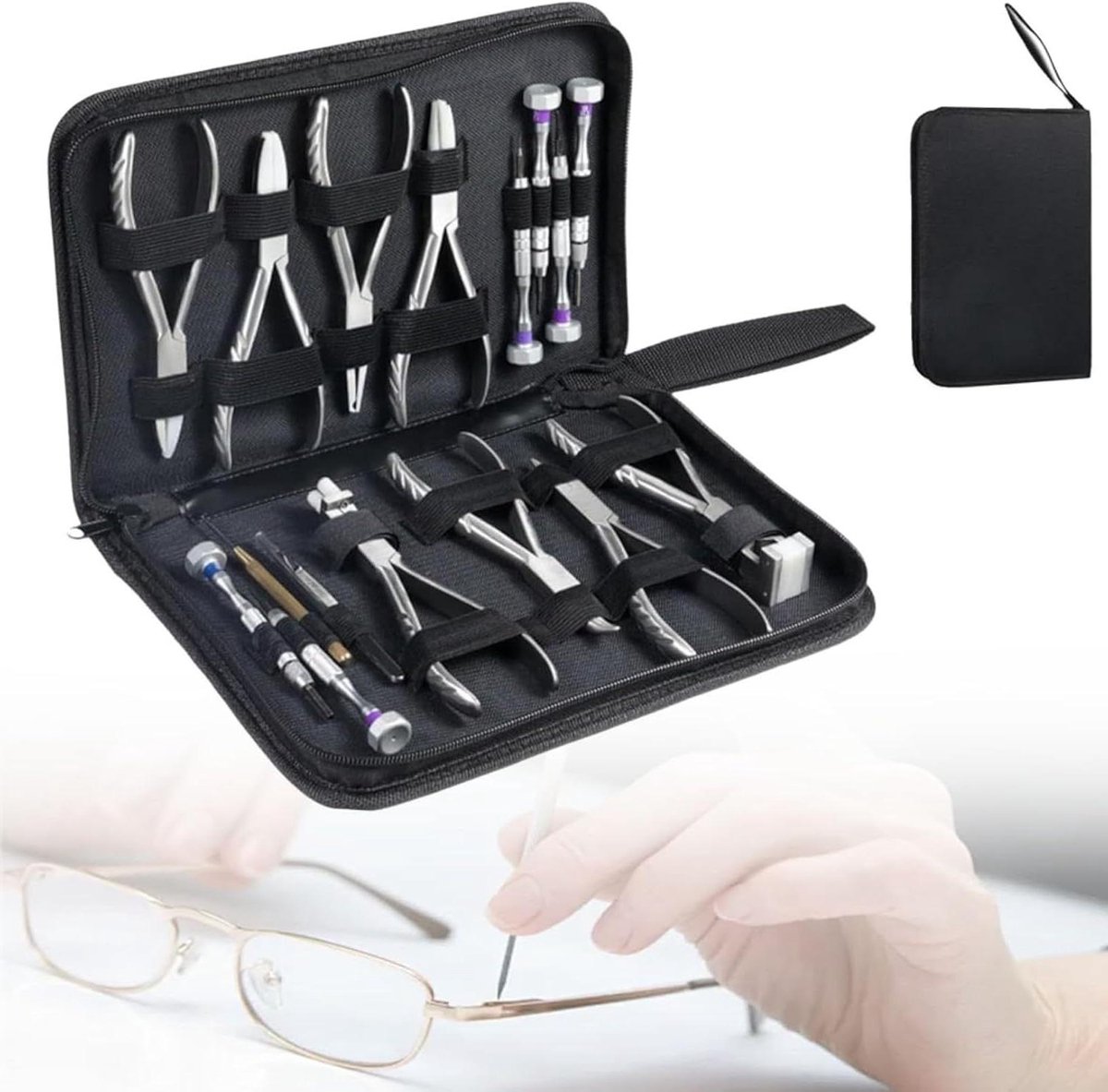Brillen reparatieset - Montage gereedschap - Bril onderhoud - Roestvrij staal - 16 delig - Zilver